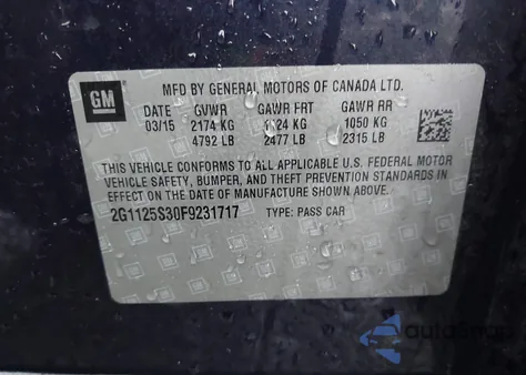 2015 Chevrolet Impala 2Lt from USA, damaged, VIN 2G1125S30F9231717